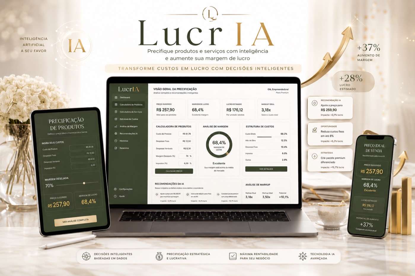 Tela da LucrIA mostrando precificação ideal, margem de lucro e cenários de preço